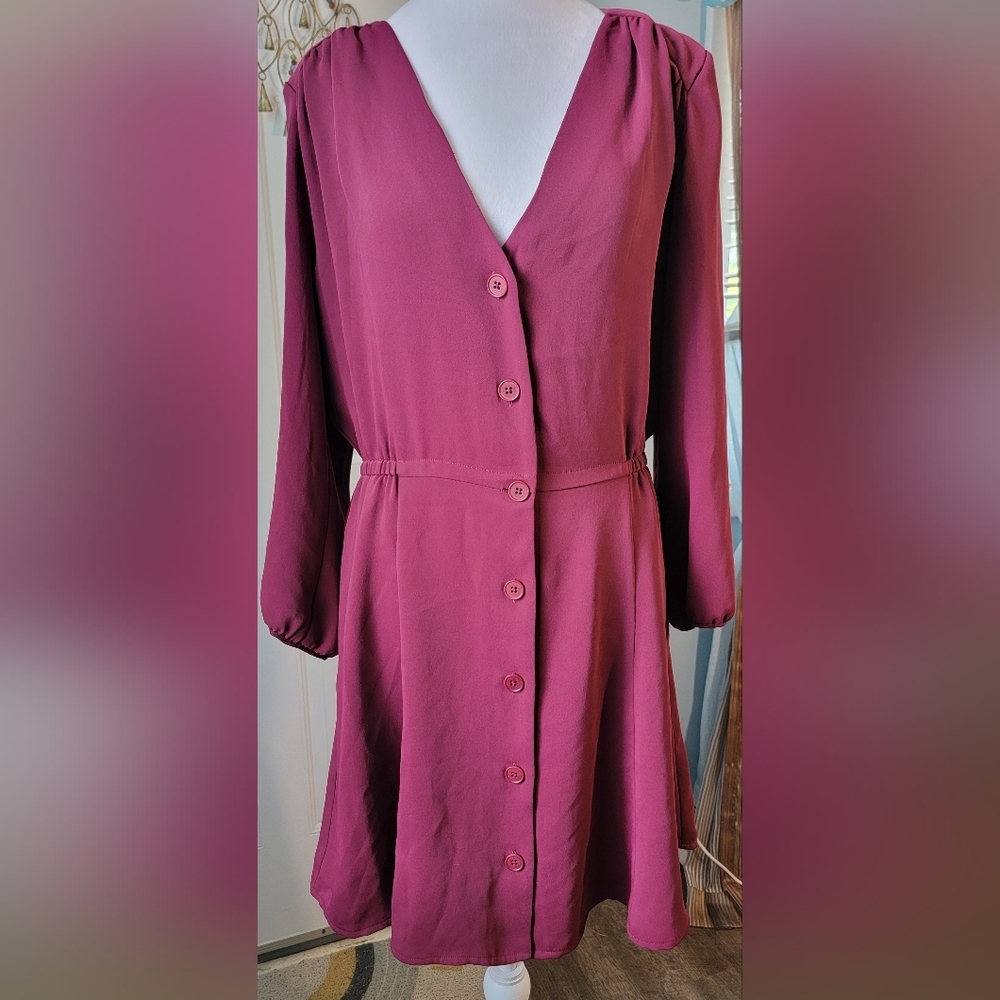 Artizia Babaton Day Button Down Mini Dress Womens L Wine Blouson 3/4 Sleeve Flow